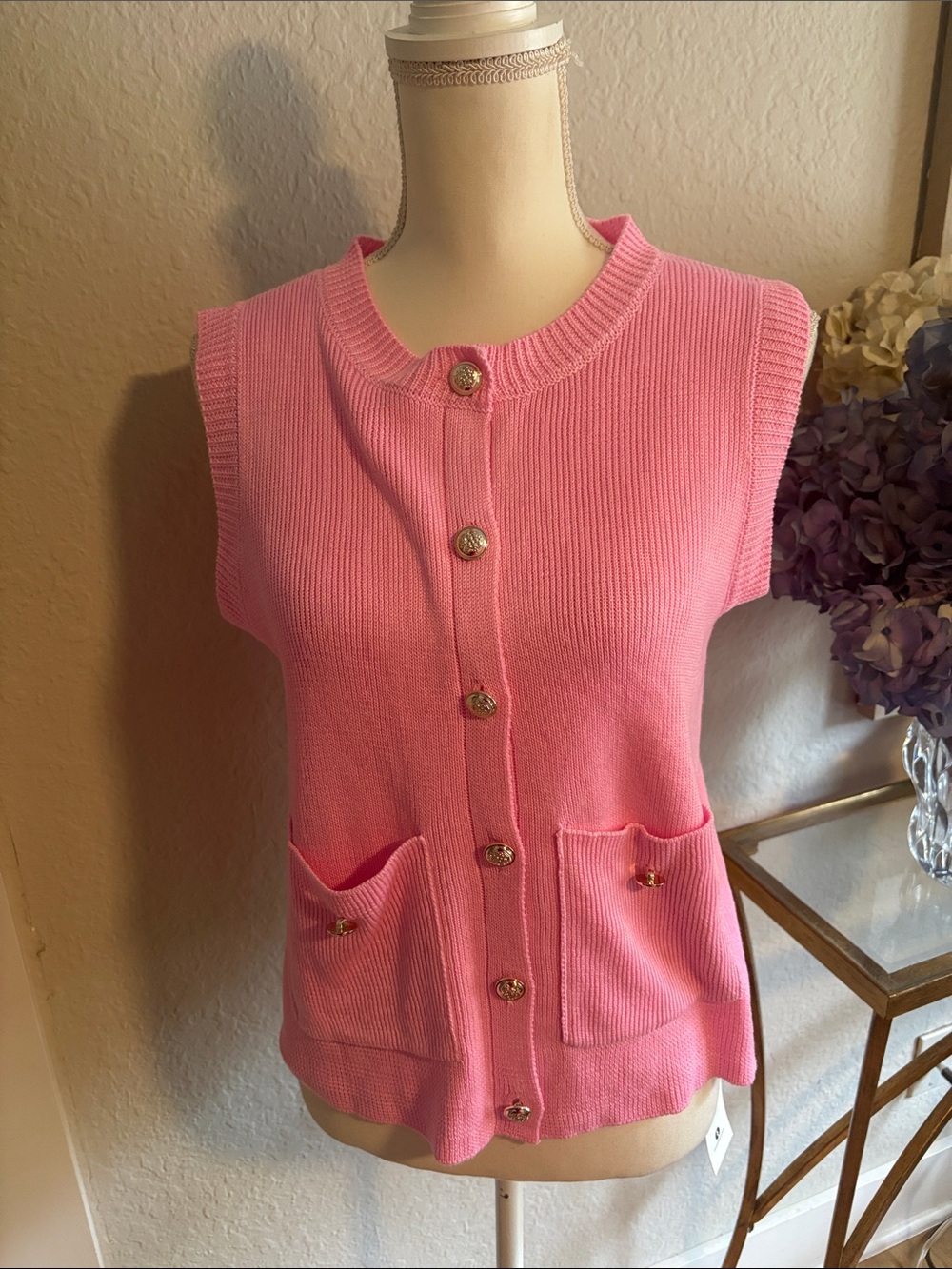 Amazon Pink Sleeveless Button-Front Knit Vest with Pocket Details